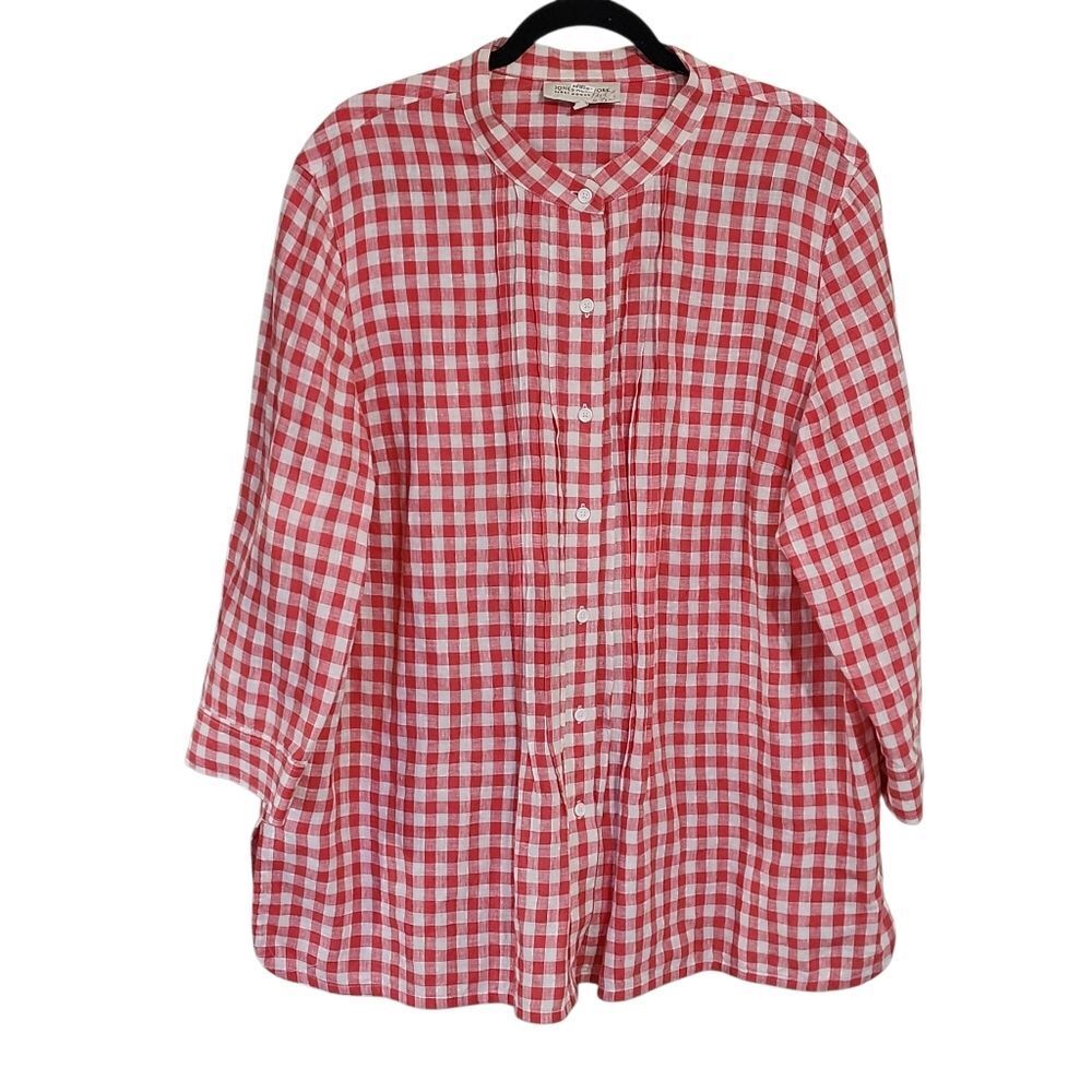 Jones New York Top 2X Red White Gingham Linen Button Up Roll Tab Sleeves